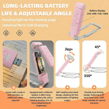USB Rechargeable Book Light, Portable Clip-on LED Reading Light, Reading Lights for Books in Bed with 3 Amber Colors & 5 Brightness Dimmable, Compact & Long Lasting, Perfect for Book Lovers (Pink)