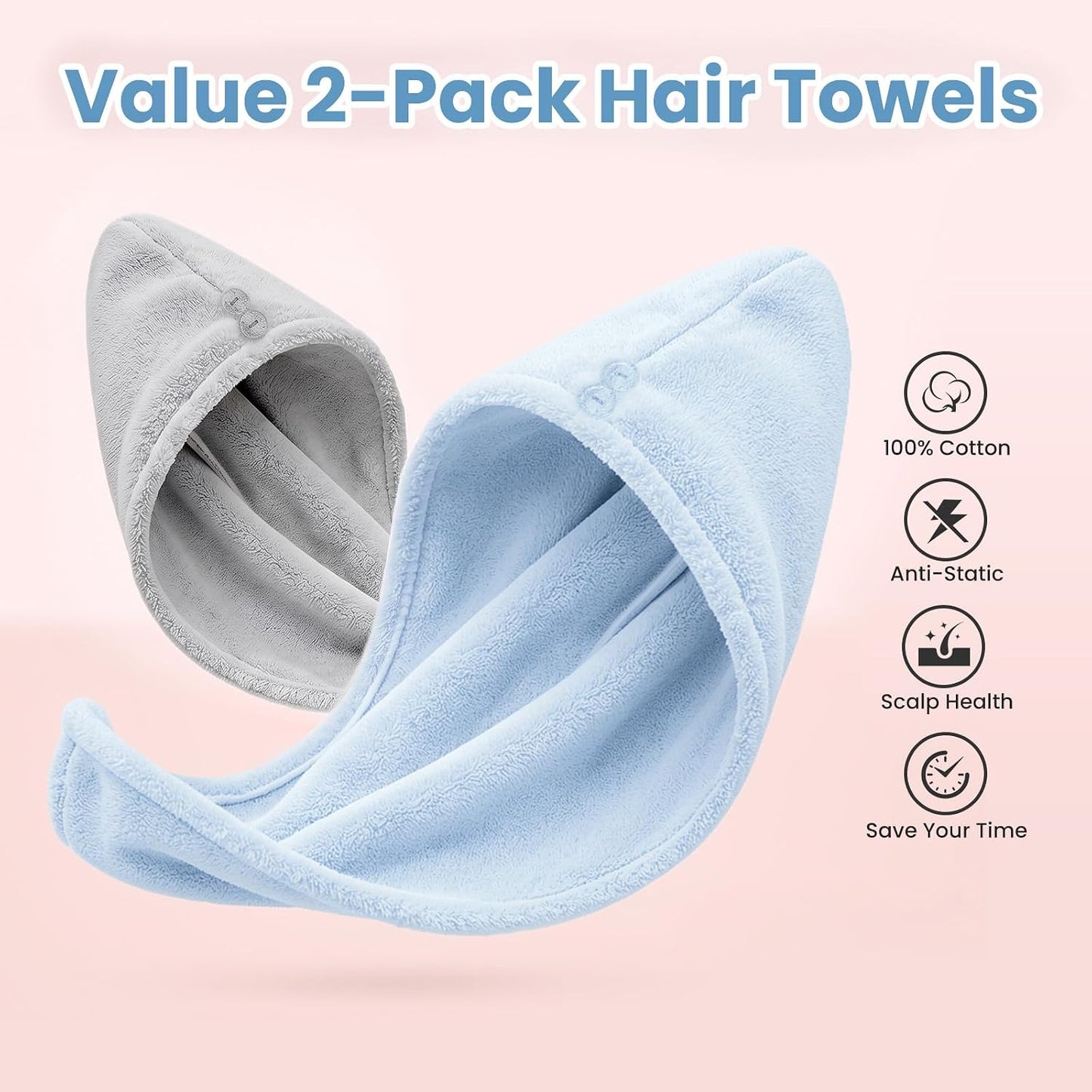 Mandydov 100% Cotton Hair Towel Wrap for Women, 2 Pack Thickened & Super Absorbent Turbans, Anti Frizz Quick Dry Hair Towels (Blue, Pink Blush)
