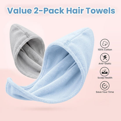 Mandydov 100% Cotton Hair Towel Wrap for Women, 2 Pack Thickened & Super Absorbent Turbans, Anti Frizz Quick Dry Hair Towels (Blue, Pink Blush)
