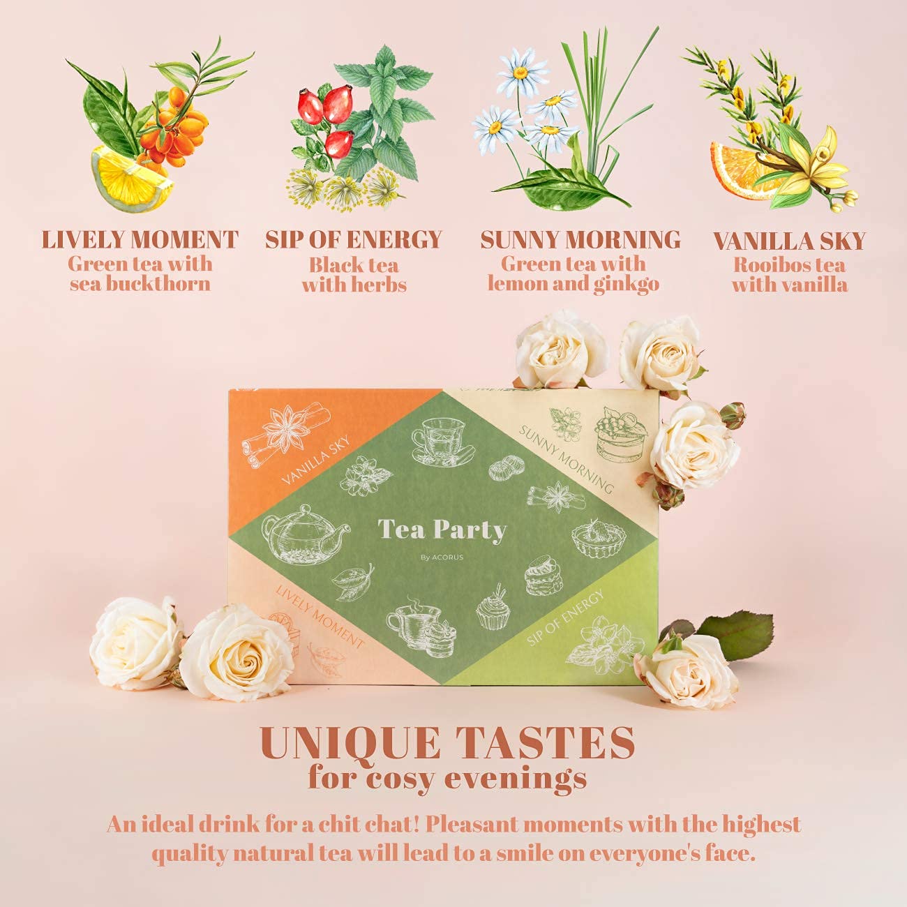 ACORUS Rituals Tea Set - Natural Fruit and Herbal Variety Pack, Tea Gift Set of 6 Different Teas, Sampler of 60 Bags Individually Wrapped