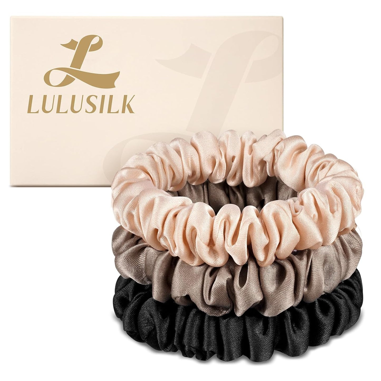 LULUSILK Small Silk Hair Ties No Damage, 100% Real Mulberry Silk, Skinny Scrunchies Ponytail Holders for Thin Fine Hair, Brown, Pack of 3