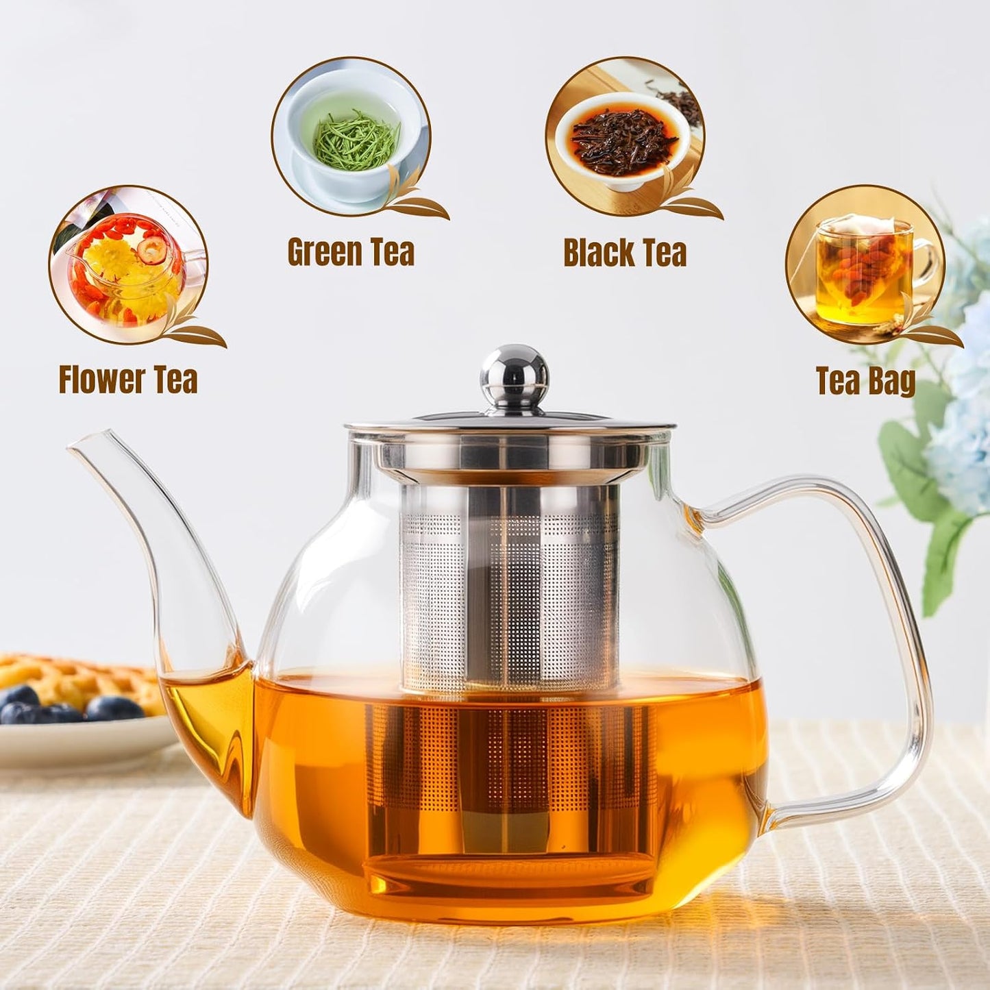 PARACITY Glass Teapot Stovetop 40 OZ/1200ml, Borosilicate Clear Tea Kettle with Removable 18/8 Stainless Steel Infuser, Teapot Blooming and Loose Leaf Tea Maker Tea Brewer for Camping, Travel