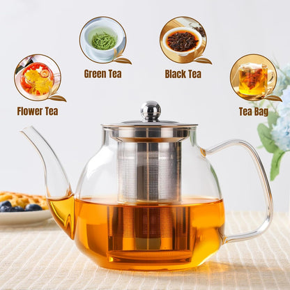 PARACITY Glass Teapot Stovetop 40 OZ/1200ml, Borosilicate Clear Tea Kettle with Removable 18/8 Stainless Steel Infuser, Teapot Blooming and Loose Leaf Tea Maker Tea Brewer for Camping, Travel