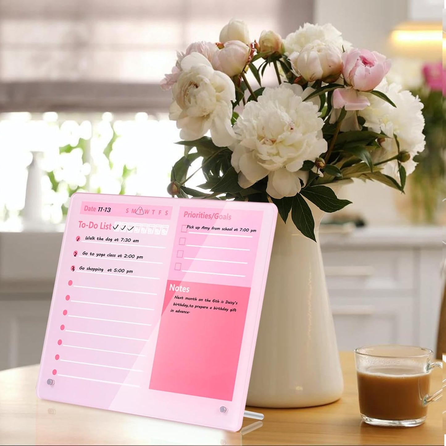 Desktop Thickened Acrylic Dry Erase Board to do List Planner Board，12"x10"，Tabletop Whiteboard with Stand，Frameless Pink Dry Erase White Board，for Office/Home/School