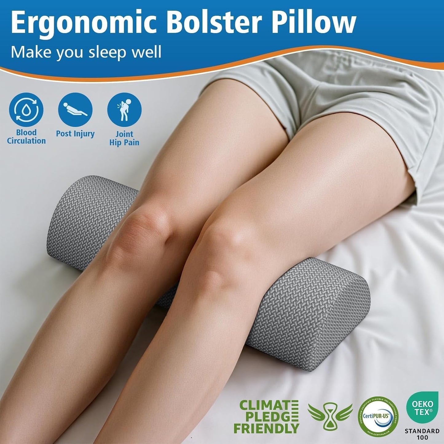 SweetSlubr Knee Pillow for Side Sleepers, Half Moon Memory Foam Bolster Pillow for Legs, Ergonomic Design Wedge Elevation Pillow for Side & Back Sleeping, Under Knee Support, Foot, Ankle, Lumbar,White