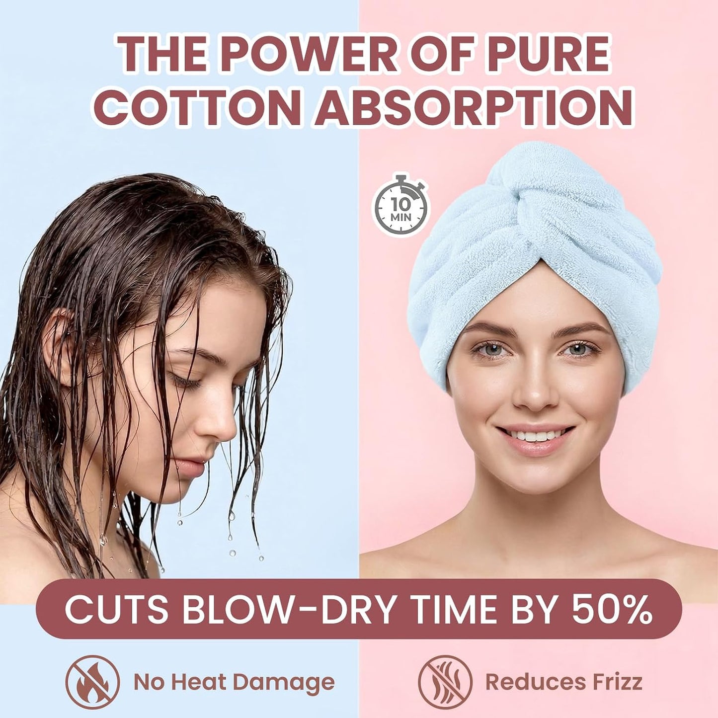 Mandydov 100% Cotton Hair Towel Wrap for Women, 2 Pack Thickened & Super Absorbent Turbans, Anti Frizz Quick Dry Hair Towels (Blue, Pink Blush)