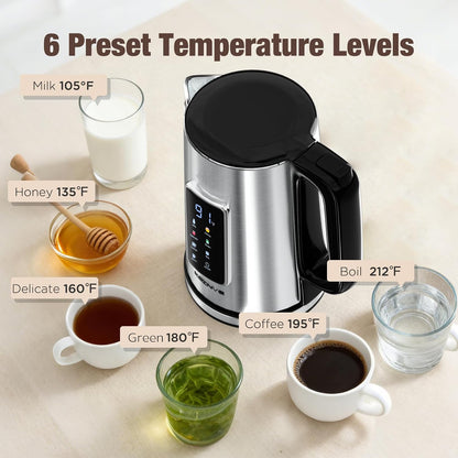 KEINVE 1.7L Electric Kettle, Touch Screen Water Boiler, No Plastic Interior, Double Wall, 6 Preset Temperatures, Fast Boil, and STRIX Control