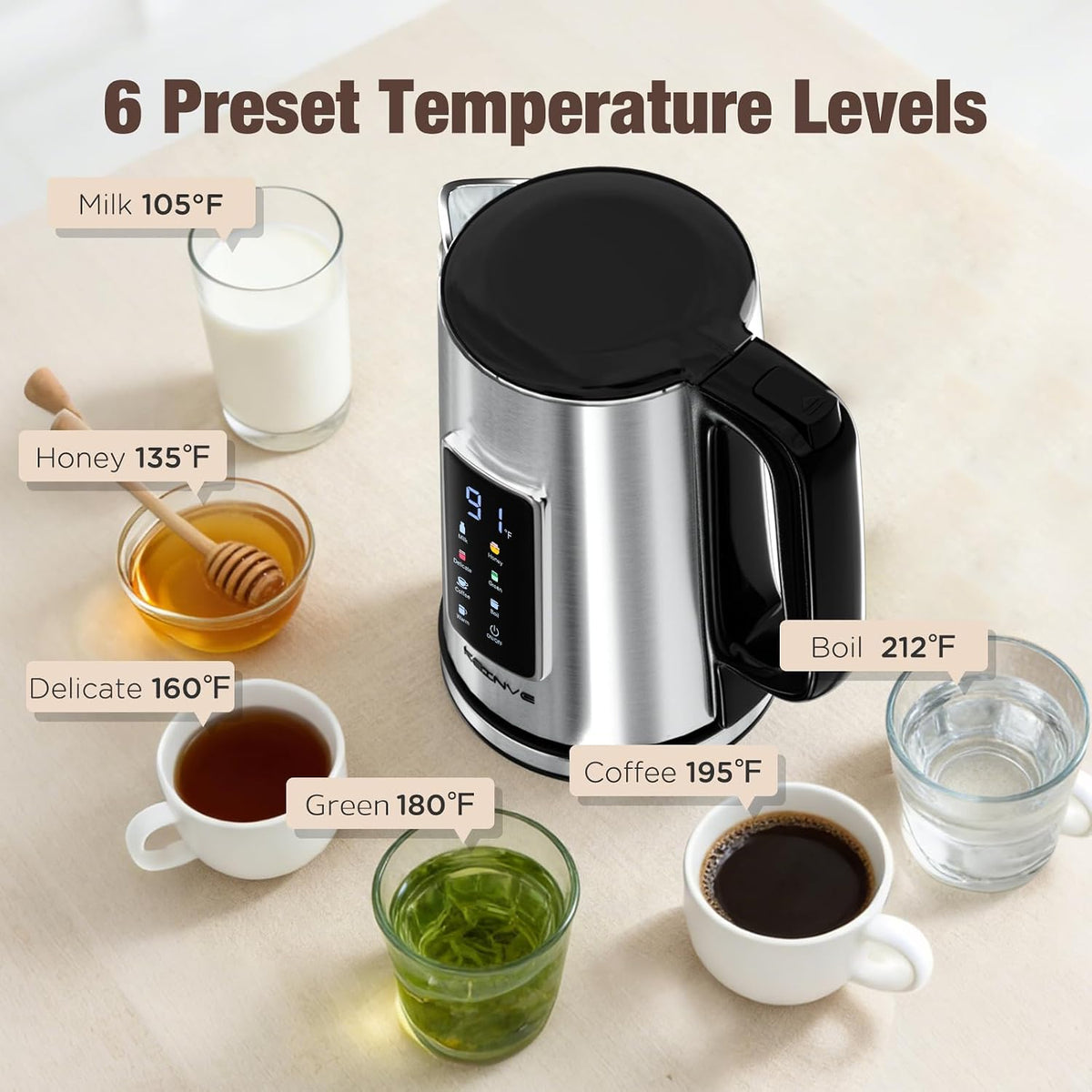 KEINVE 1.7L Electric Kettle, Touch Screen, No Plastic Interior