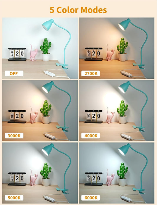 BOHON Desk Lamp with Clamp, Clip on Light, 5 Color 10 Brightness, Teal