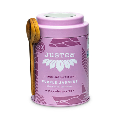 JusTea PURPLE JASMINE Loose Purple Tea, 40+ Cups Tin + Spoon, 2/5 Caffeine
