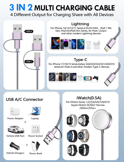 Travel Essentials for Apple Watch Charger,3-in-2 Multi Charging Cable