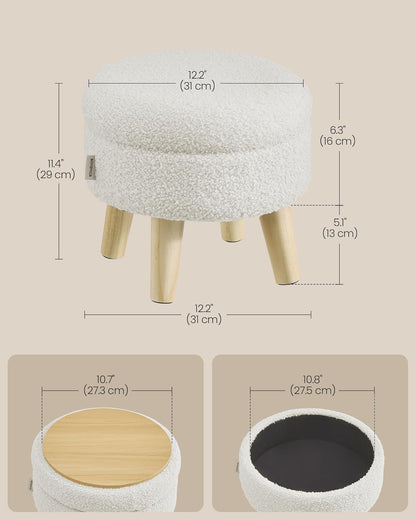 SONGMICS Storage Ottoman, Foot Stool, Ottoman with Padded Seat, Foot Rest with Wood Legs, Small Table, for Hallway, Living Room, 11.8 x 15.7 x 11.4 Inches, Teddy Fleece, Cream White ULOM518WD01
