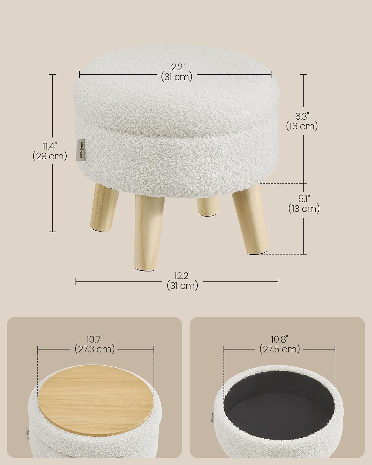 SONGMICS Foot Stool Ottoman, Small Storage Ottoman with Legs, 15.7 Inches