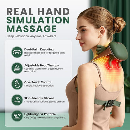 Upgrade 4D Neck and Shoulder Massager with Heat, Wireless Portable Bionic Massage with Real Human Hand Kneading, Neck Massager for Pain Relief Deep Tissue, Relax Muscle Tension(Emerald Green)