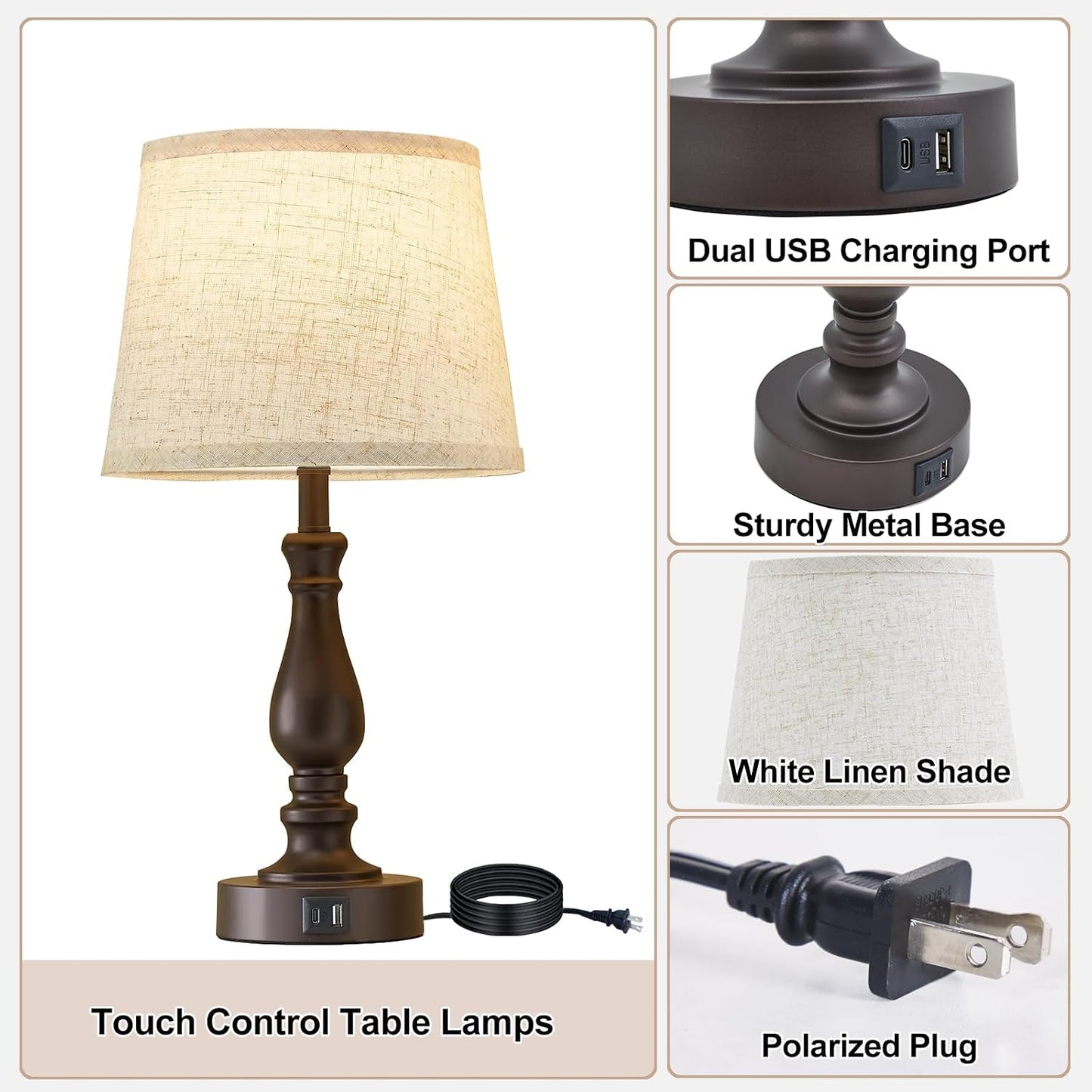 EJIAXIN Lamps for Bedrooms Set of 2, Brushed Nickel Bedside Lamps with USB C+A Ports,Dimmable Nightstand Lamps with Fabric Lampshade, Touch Table Lamp for Living Room Bedroom Office, Bulbs Included