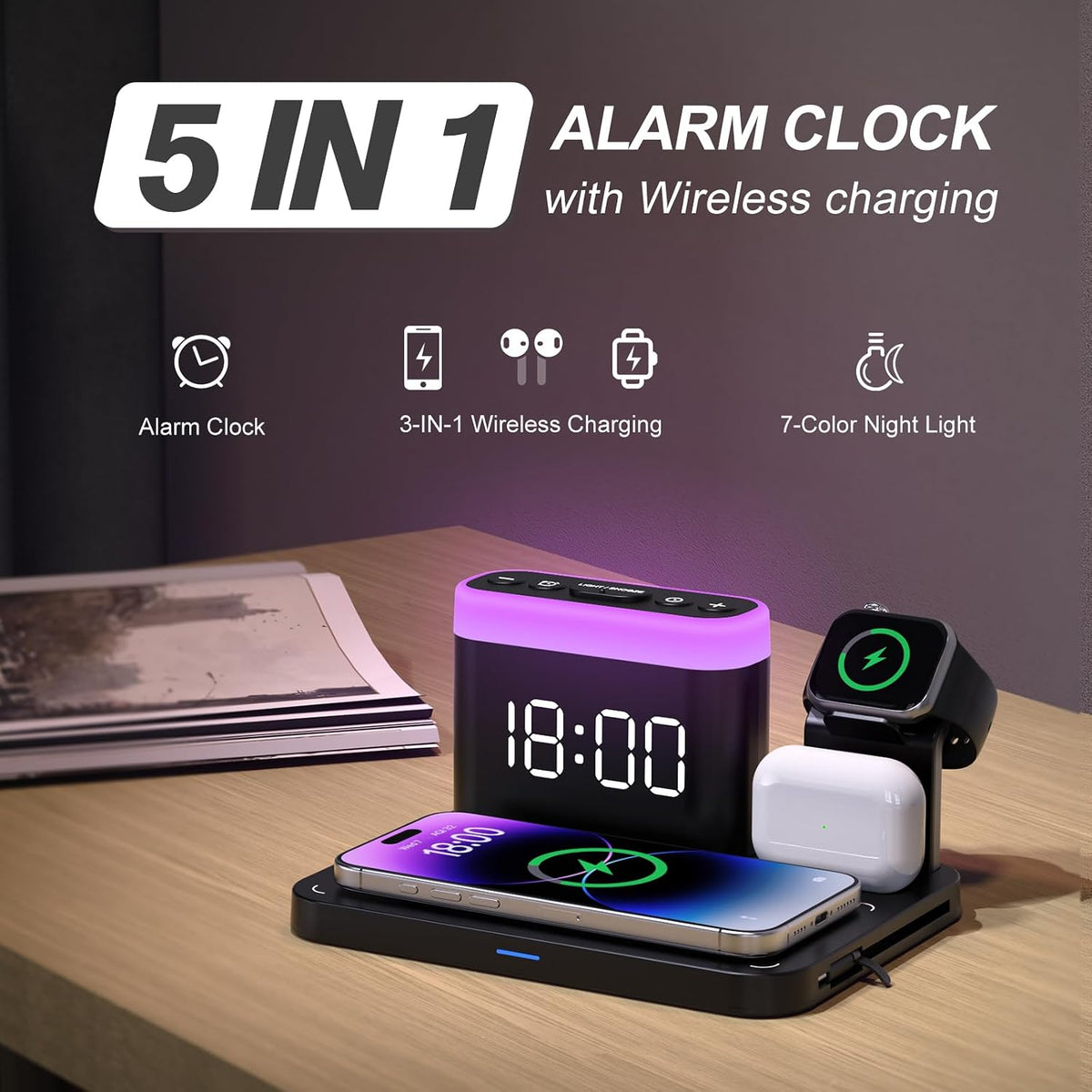 ANJANK Wireless Charging Station,5 in 1 Multiple Charger Stand with Alarm Clock,7 Night Light,Magnetic Charging Dock for iPhone 18 17 16 15 14 13 Pro Max Plus,Apple Watch 11/10/9/8,for Airpods,Bedroom