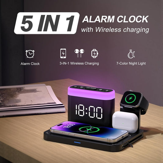ANJANK Wireless Charging Station,5 in 1 Multiple Charger Stand with Alarm Clock,7 Night Light,Magnetic Charging Dock for iPhone 18 17 16 15 14 13 Pro Max Plus,Apple Watch 11/10/9/8,for Airpods,Bedroom
