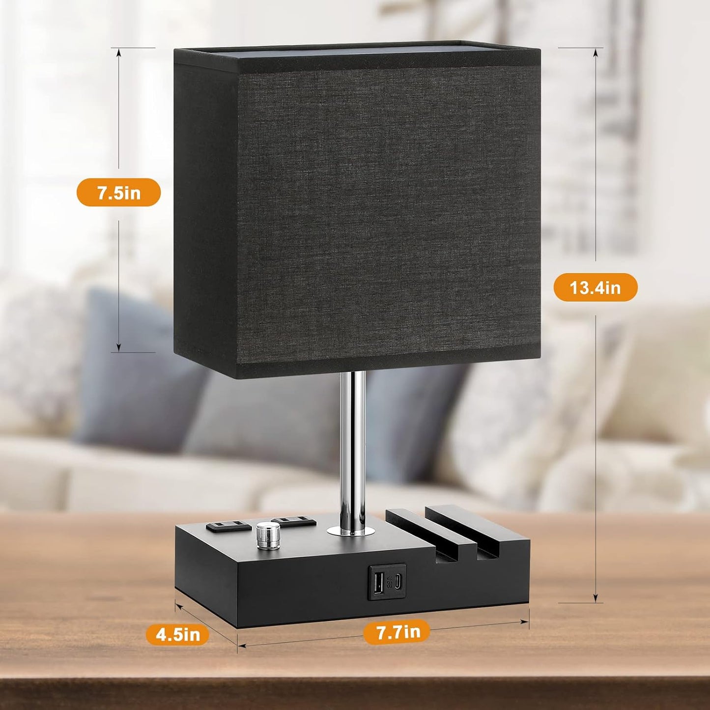 Kakanuo Fully Dimmable Nightstand Lamp for Bedroom with USB C Ports, Grey Small Bedside Table Lamp with Charging Outlets and Phone Stands, Wooden Desk Lamp for Living Room, LED Bulb Included