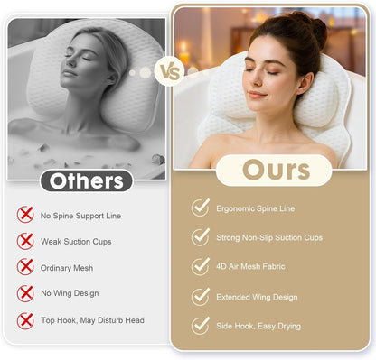 Bath Pillow Bathtub Pillow, Luxury Bath Pillows for Tub with Head, Neck & Back Support, 4D Air Mesh Bath tub Pillow with Extended Wings, Non-Slip Suction Cups Relaxing Spa Gift for Woman