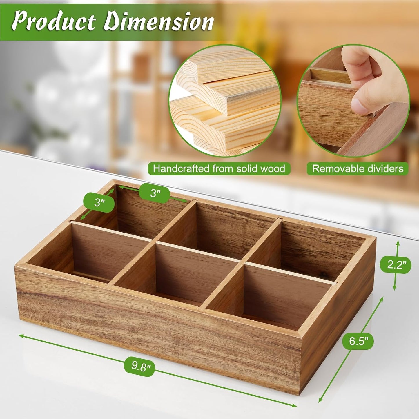 DRASTAR Tea Bag Organizer, Acacia Tea Bag Holder, Tea Storage Containers with 3 Slots, Wooden Tea Storage Accessories, Mini Tea Bag Caddy Box for Countertop