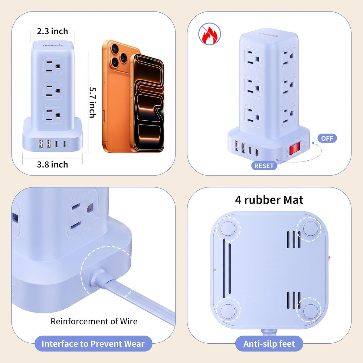 Extension Cord with Multiple Outlets, SMALLRT Power Strip Tower, Outlet Extender with 12 AC Outlets 4 USB, 6.5FT Extension Cord for Home Dorm Room, Office Supplies,Overload Protection