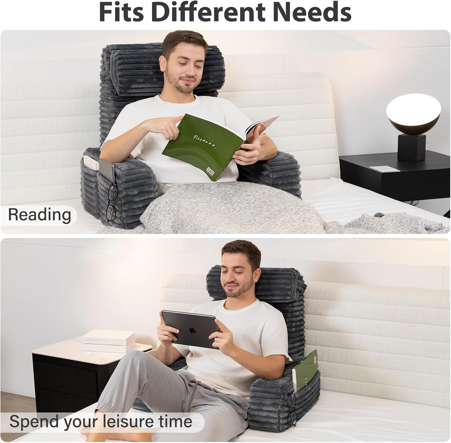 ENITYA 22" XL Back Pillow for Bed Sitting Up, Reading Pillow with Armrests & Big Pockets, Soft Back Support Chair, Ideal for Watching TV, Gaming, Nursing, Resting, Post Surgery, Dark Grey