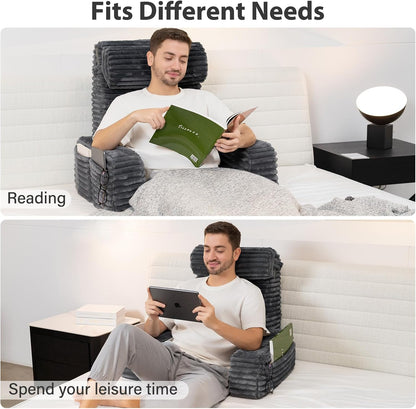 ENITYA 22" XL Back Pillow for Bed Sitting Up, Reading Pillow with Armrests & Big Pockets, Soft Back Support Chair, Ideal for Watching TV, Gaming, Nursing, Resting, Post Surgery, Dark Grey