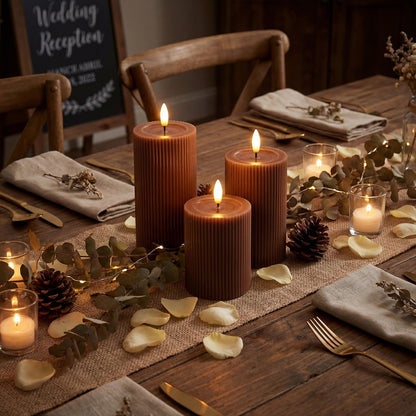 Ribbed Fluted Real Wax Flameless LED Pillar Candles, Loden Sage Olive Green, Melted-Wax Top Look, Flickering Flame, Battery Operated, Remote & Timer, Shelf & Wedding Decor (Set of 3)