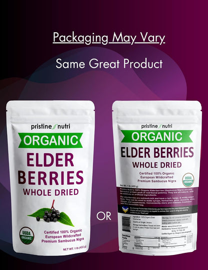 Organic Elderberries Dried Bulk | Whole European Elderberry Dried, Wildcrafted All Natural | Non-GMO, Non-irradiated | Immunity Booster Antioxidants and Vitamins | Make Syrup, Tea | 1 lb (16 oz)
