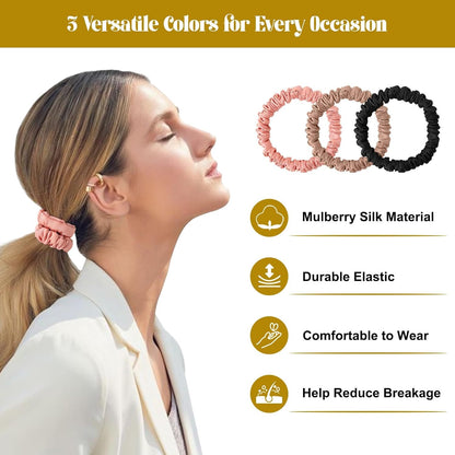 6Pcs Silk Hair Ties 100% Pure Mulberry Silk Scrunchies for Women Girls | No Hair Crease, Anti Frizz, Gentle Hold, No Damage, Black Brown Pink