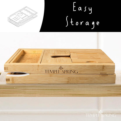 Temple Spring Bamboo Bathtub Tray Caddy for Tub — Expandable Wood Bath Tray with Solid Book Stand Wine Holder and Non-Slip Pads — Includes Bamboo Soap Dish and Spa Accessories — Luxury Bath Gift Set