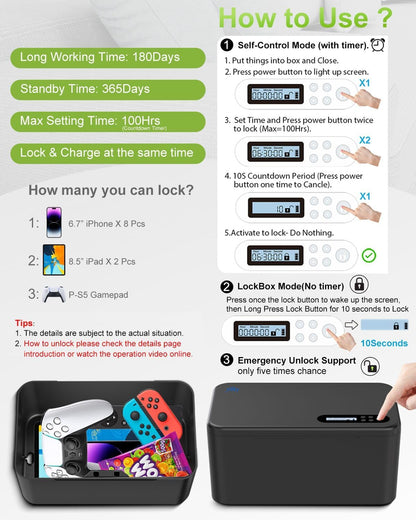 Timed Lock Box with Timer | Phone Lock Box for Self-Control, Charge While Locked | Safe cellphone storage locker Unplug from Phones,Video Games & Snacks | reduce Screen Time for Kids, Students & Adult