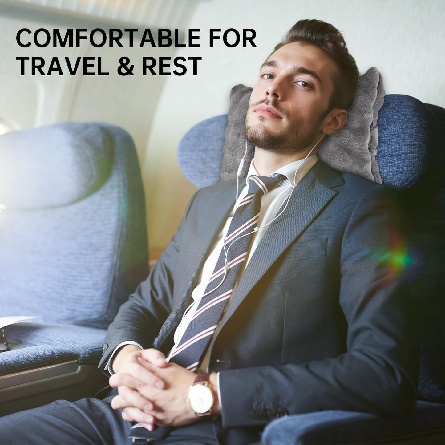 Travel Blanket and Pillow-2-in-1, Ultra-Soft&Compact, One-Piece Airplane Blanket with Hand Luggage Belt and Backpack Clip,Travelers Accessories Gifts, 61x43 Inches (Blue)