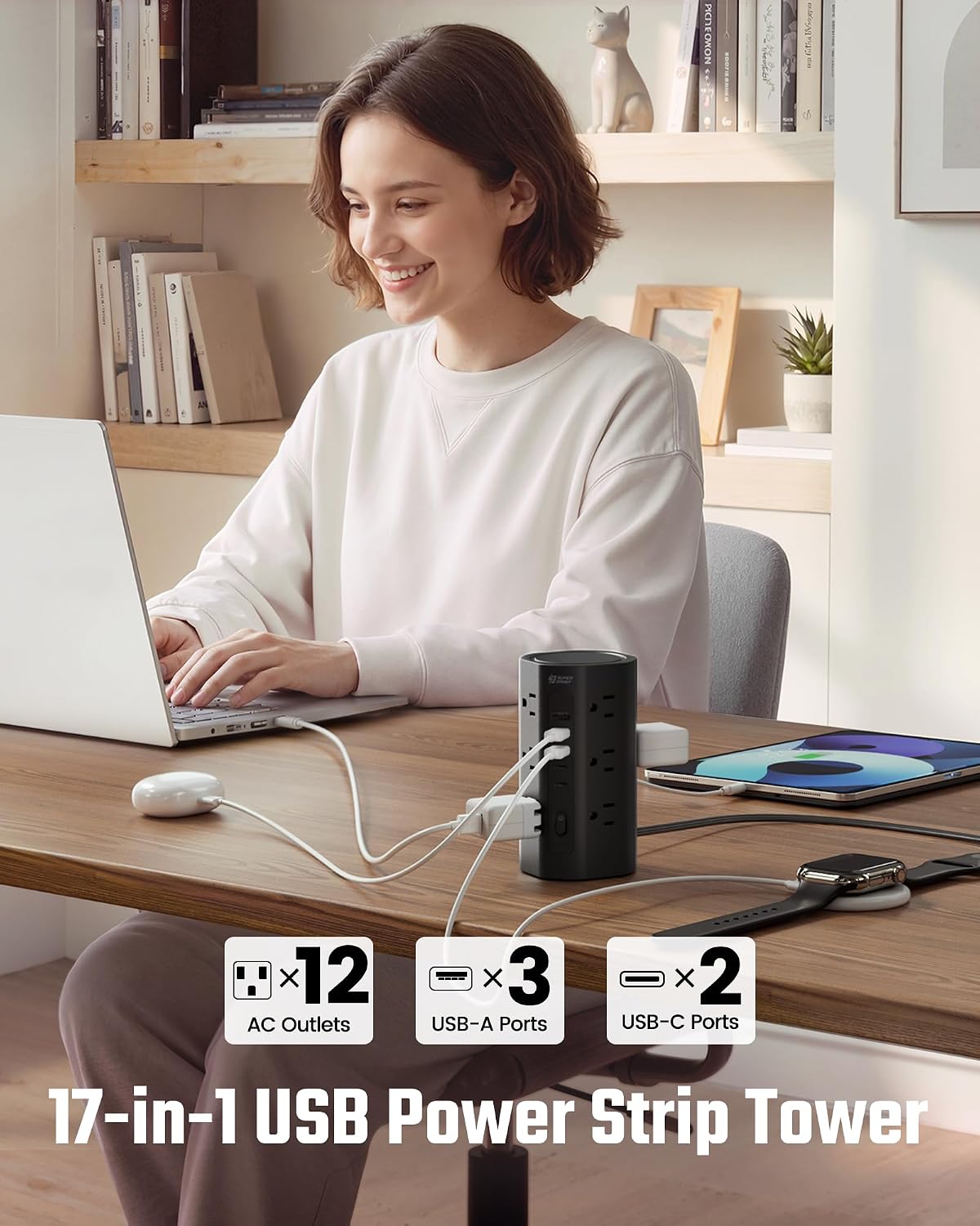 10Ft Tower Power Strip, Long Extension Cord, Flat Plug, 1700J, 12 AC 5 USB