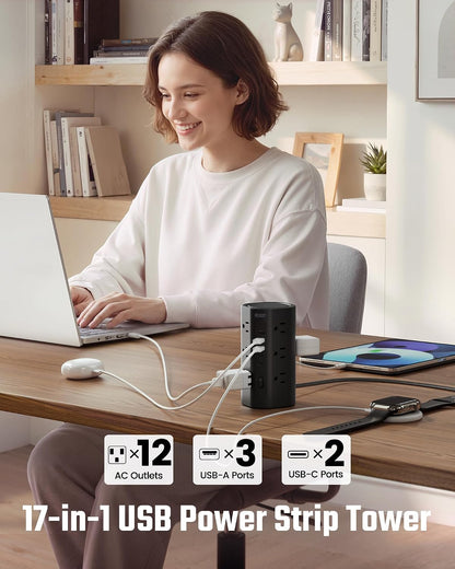 10Ft Tower Power Strip, Long Extension Cord, Flat Plug, 1700J, 12 AC 5 USB