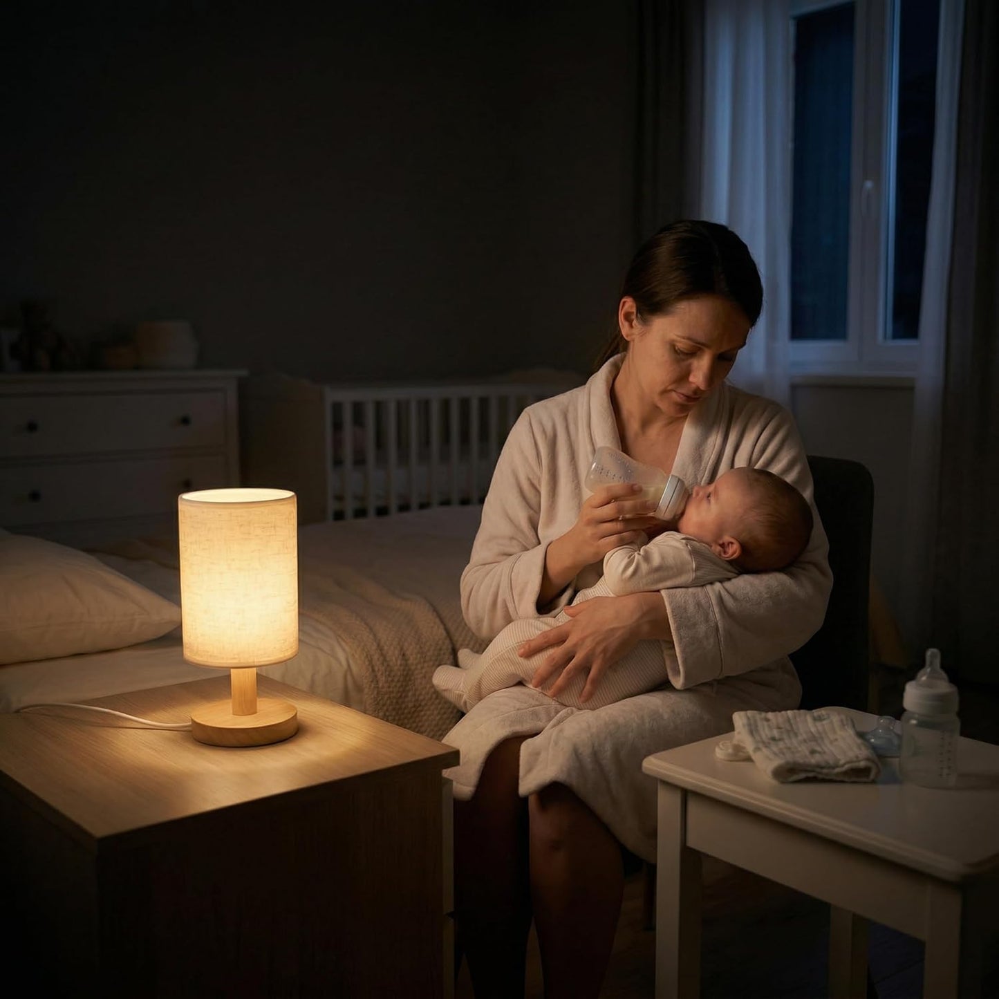 Touch Bedside Table Lamp - Stepless Dimming USB Powered, Minimalist Wood Base Linen Shade, 2700K Warm Light for Bedroom Nightstand Nursery Dorm Small Spaces, 5W LED 50K Hrs (No Bulb Replacement)