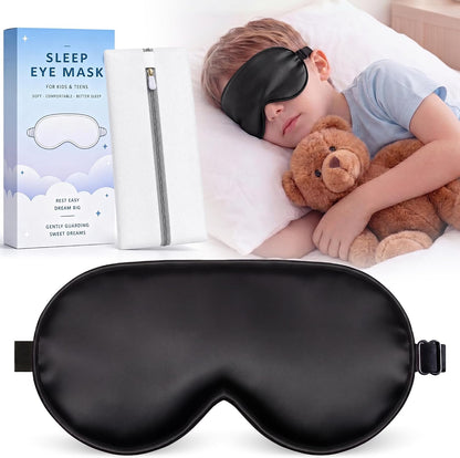 Kids Sleep Mask, Soft Eye Mask for Boys Girls with Adjustable Strap, Silk Light Blocking Sleeping Mask for Naps, Travel and Night Sleep, Includes Laundry Bag (Black)