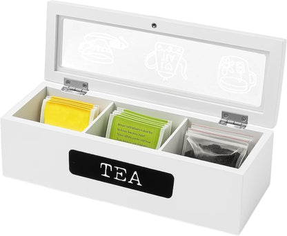 Small Tea Box Wood Tea Bag Organizer Holder White 3 Compartment Slots Box for Storage and Display Slim Caddy Bags with Wooden Divided Chest Mini Countertop Sugar Packet Container Small Space Antique