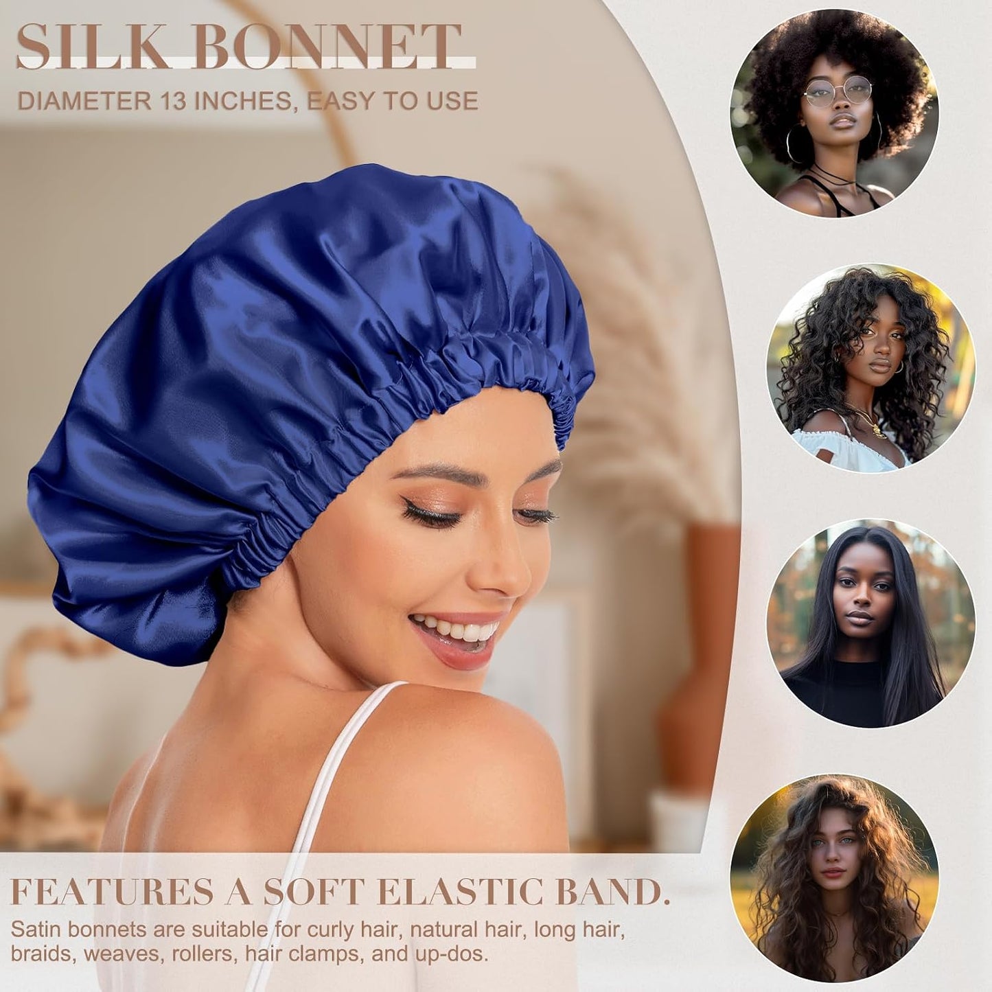 Satin Bonnet Silk Bonnet Hair Bonnet for Sleeping-Slouchy Beanie Hat Satin Sleep Cap for Women's Natural & Curly Hair(Blue Zircon)