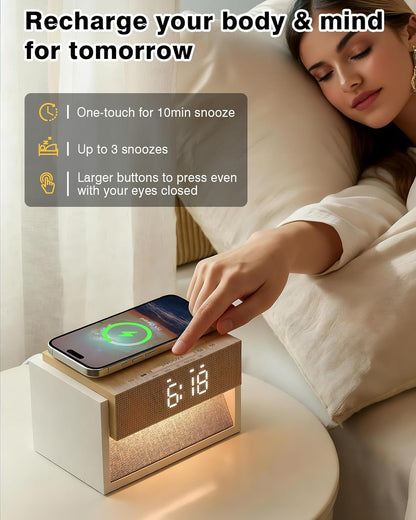 Sunrise Alarm Clock with Wireless Charger, White Noise Sound Machine with 20 Soothing Sounds, Wake Up Light Sunlight Simulator, Bedroom Desk Clock for Heavy Sleepers Kids Adults