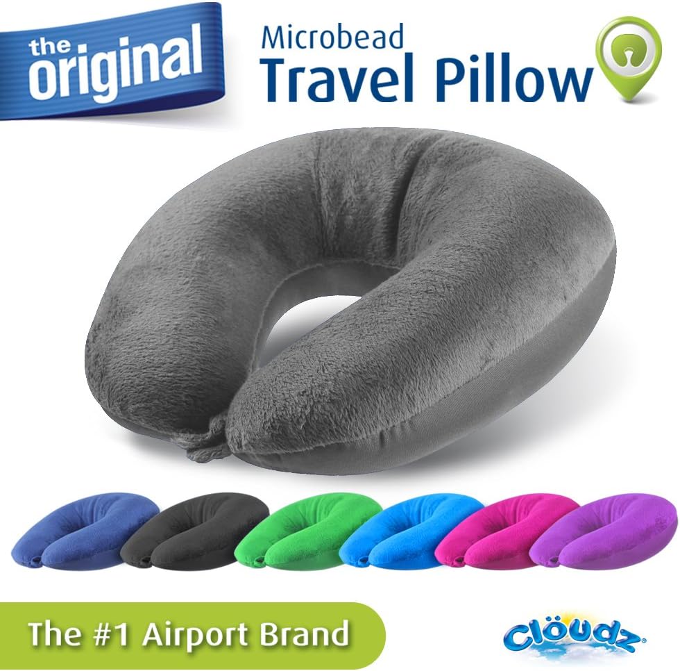 Cloudz Dual Comfort Microbead Airplane Travel Neck Pillow. Super Soft Cozy Plush Fabric on One Side, Cool Relaxing Spandex on The Other! Customize Your Comfort and Support at Home or On The Go!- Blue