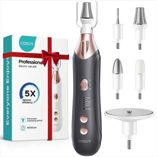 COSLUS C43 Professional Manicure Pedicure Kit, 5-in-1 Electric Nail File for Toenail Hand Feet, Basic & Thick Nails Care, Cordless, 5 Speeds, for Men Women Seniors Home Salon, Wider Grinder, White