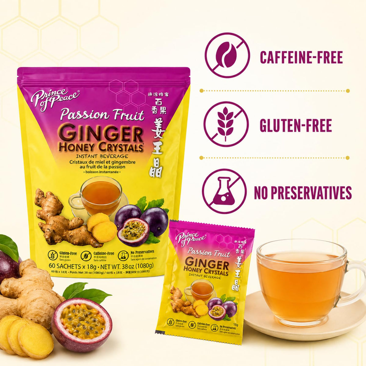 Prince of Peace Instant Ginger Honey Crystal with Passion Fruit 18g x 60 (bag) – Instant Hot or Cold Beverage that Soothes Throat – Easy to Brew – Drink Like a Tea – Gluten Free – Real Ginger