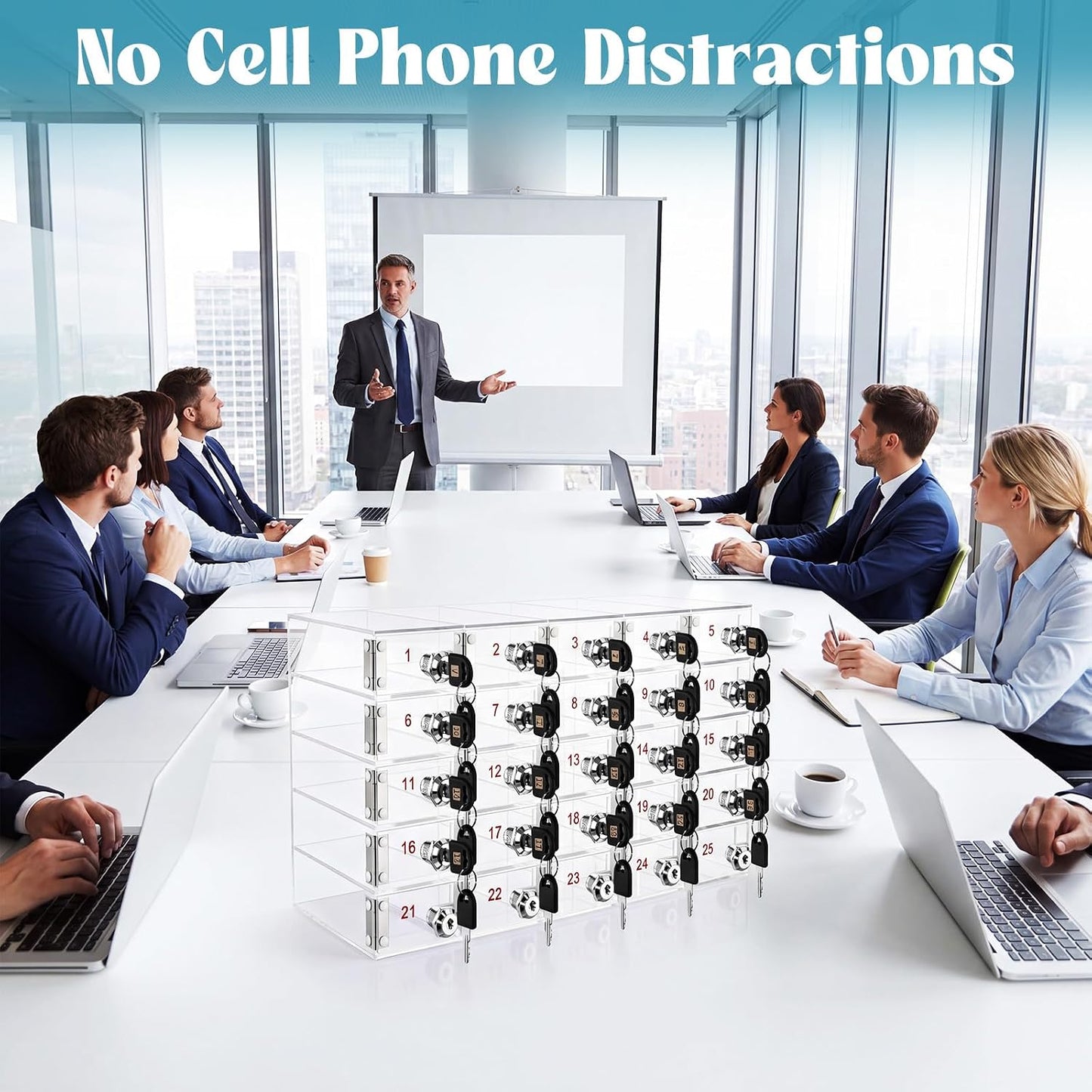 Layhit 20 Slots Cell Phone Locker Box for Classroom Clear Acrylic Cell Phone Storage Cabinet Bin with Door Locks for Classroom School Students Office Factory Employees