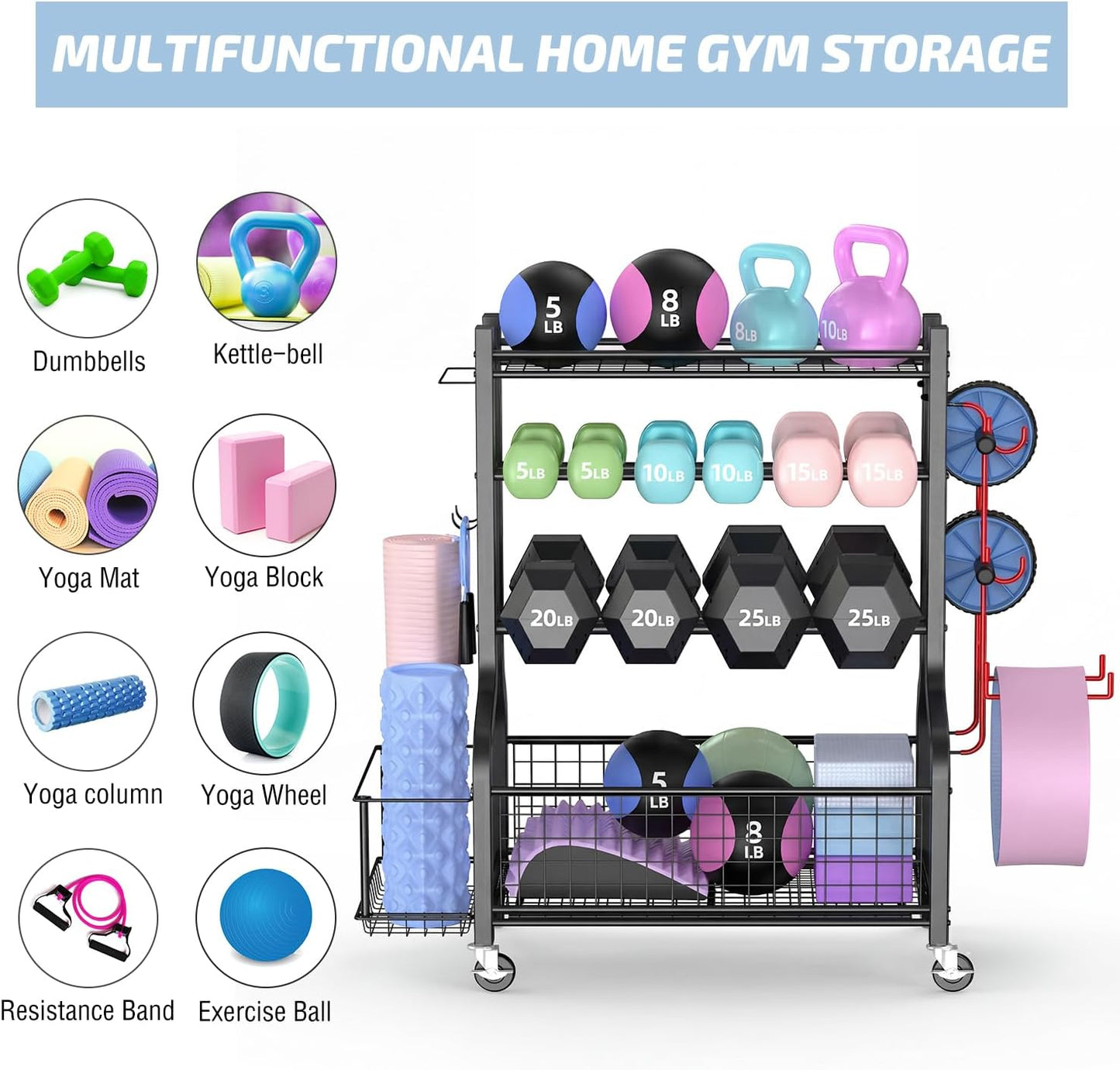 PLKOW Dumbbell Rack, Weight Rack for Dumbbells, Home Gym Storage for Dumbbells Kettlebells Yoga Mat and Balls, All in One Workout Storage with Wheels and Hooks, Powder Coated Finish Steel