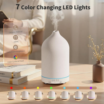 URPOWER 180ML Ceramic Essential Oil Diffuser, Ultrasonic Aromatherapy Diffuser with 7-Color Lights, Auto Shut-Off, Quiet Oil Diffuser for Bedroom, Home Office