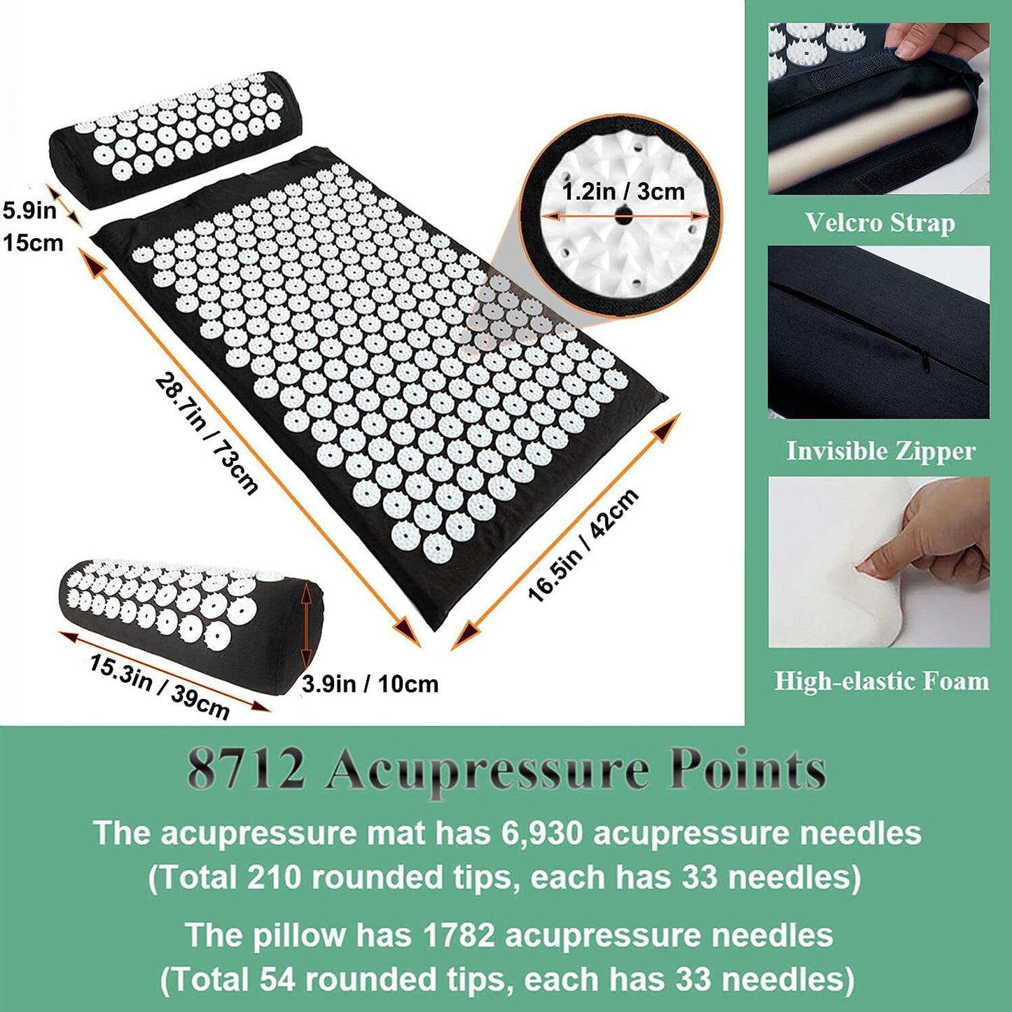 XiaoMaGe Acupressure Mat and Pillow Set with Bag - Extra Long Acupuncture Mat for Neck & Back Pain Relief- Naturally Relaxation Gift for Women - Stress Relief Massage Mat (Black)