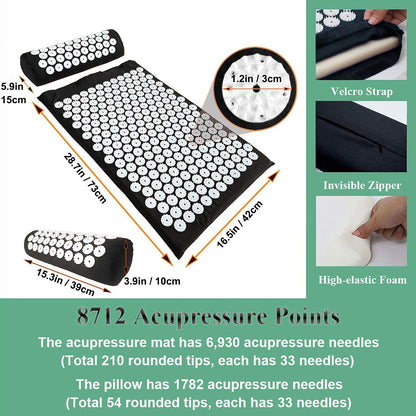 XiaoMaGe Acupressure Mat and Pillow Set with Bag - Extra Long Acupuncture Mat for Neck & Back Pain Relief- Naturally Relaxation Gift for Women - Stress Relief Massage Mat (Black)