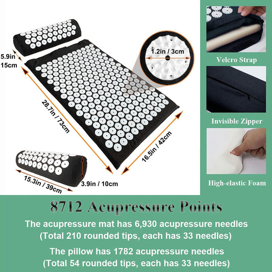 XiaoMaGe Acupressure Mat and Pillow Set with Bag - Extra Long Acupuncture Mat for Neck & Back Pain Relief- Naturally Relaxation Gift for Women - Stress Relief Massage Mat (Black)