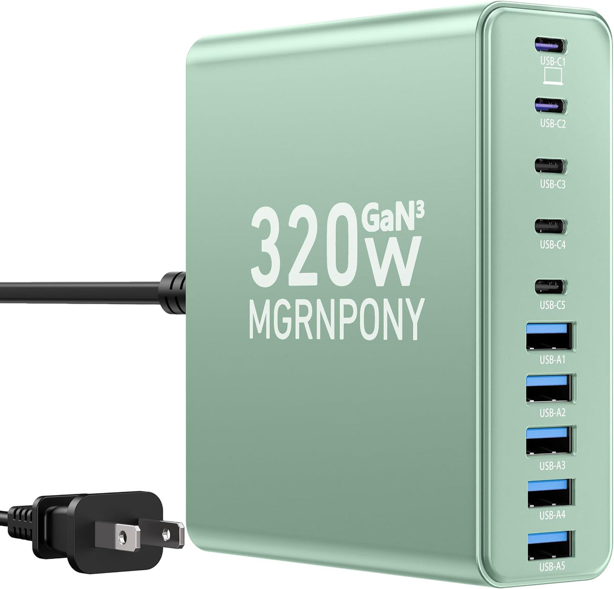 320W USB C Charger Block, MGRNPONY 10-Port GaN USB C Charging Station Black